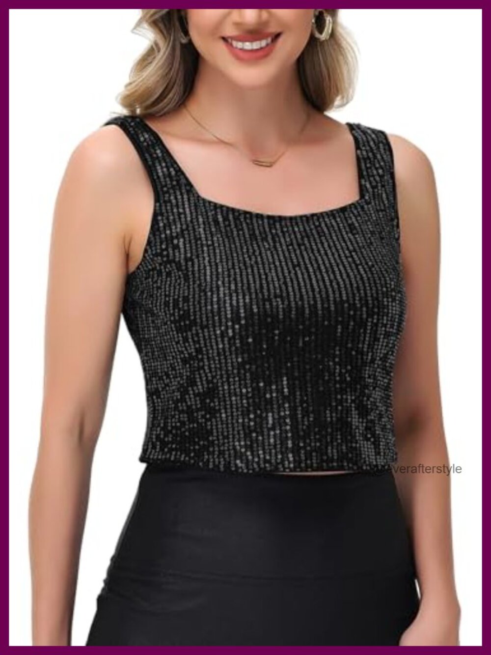 Sequin Cropped Tank Top Wide Straps Square Neck Party Club Festival